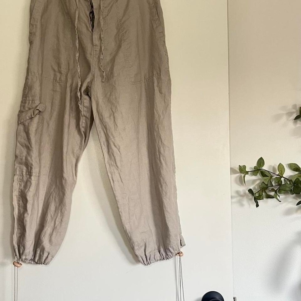 Boho 100% Linen Taupe Drawstring Cargo Pants – Relaxed Fit - Picture 2 of 7